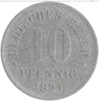 Монета 10 пфеннигов Германии 1921 года Цинк