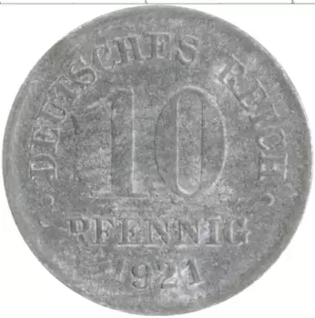 Монета 10 пфеннигов Германии 1921 года Цинк