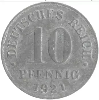Монета 10 пфеннигов Германии 1921 года Цинк