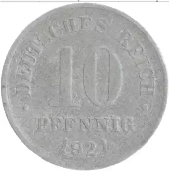 Монета 10 пфеннигов Германии 1921 года Цинк