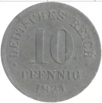 Монета 10 пфеннигов Германии 1921 года Цинк
