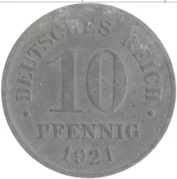 Монета 10 пфеннигов Германии 1921 года Цинк