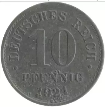 Монета 10 пфеннигов Германии 1921 года Цинк Герб