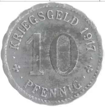 Монета 10 пфеннигов Германия : Нотгельды 1917 года Цинк Хаген