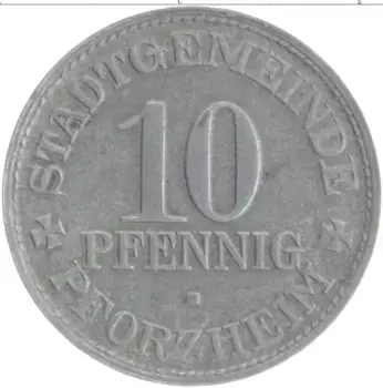 Монета 10 пфеннигов Германия : Нотгельды 1917 года Цинк Пфорцхайм