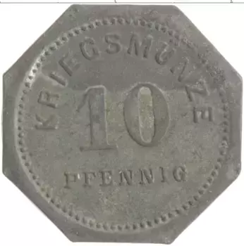 Монета 10 пфеннигов Германия : Нотгельды 1917 года Цинк Бенсхайм