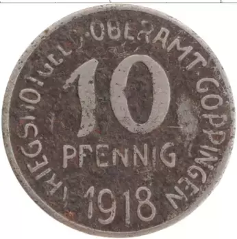 Монета 10 пфеннигов Германия : Нотгельды 1918 года Железо Гёппинген