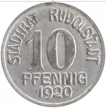 Монета 10 пфеннигов Германия : Нотгельды 1920 года Железо Рудольштадт
