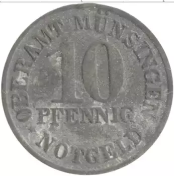 Монета 10 пфеннигов Германия : Нотгельды 1920 года Цинк Оберамт-Мюнсенген