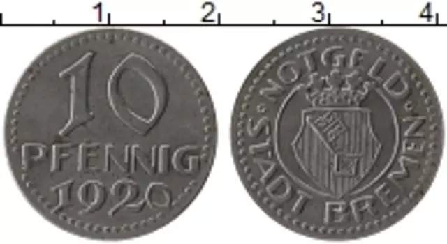 Монета 10 пфеннигов Германия : Нотгельды 1920 года Железо Бремен