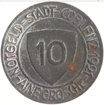 Монета 10 пфеннигов Германия : Нотгельды 1921 года Цинк Кобленц