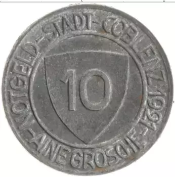 Монета 10 пфеннигов Германия : Нотгельды 1921 года Железо Кобленц