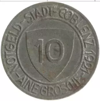 Монета 10 пфеннигов Германия : Нотгельды 1921 года Железо Кобленц