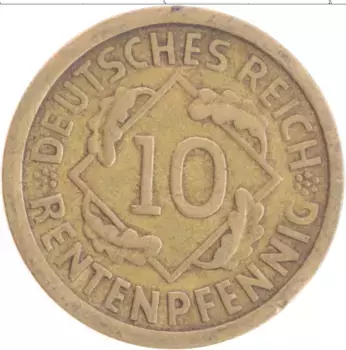 Монета 10 пфеннигов Веймарской республики 1924 года Бронза A