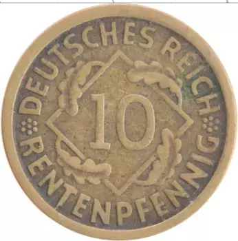 Монета 10 пфеннигов Веймарской республики 1924 года Бронза J