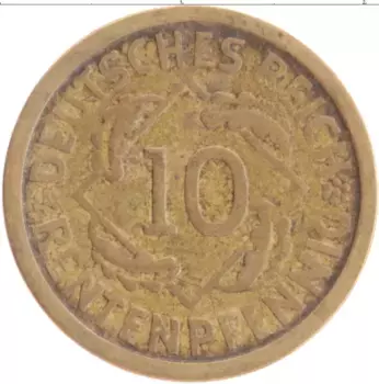Монета 10 пфеннигов Веймарской республики 1924 года Бронза А