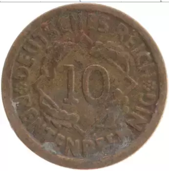 Монета 10 пфеннигов Веймарской республики 1924 года Бронза J