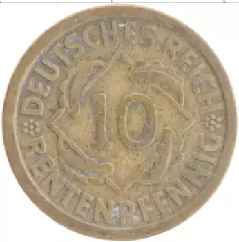 Монета 10 пфеннигов Веймарской республики 1924 года Бронза J