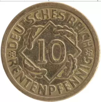 Монета 10 пфеннигов Веймарской республики 1924 года Бронза А