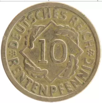 Монета 10 пфеннигов Веймарской республики 1924 года Бронза G