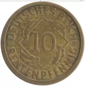 Монета 10 пфеннигов Веймарской республики 1924 года Бронза J