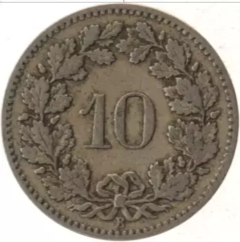 Монета 10 рапп Швейцарии 1882 года Медно-никель
