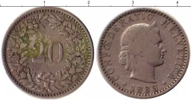 Монета 10 рапп Швейцарии 1883 года Медно-никель голова женщины