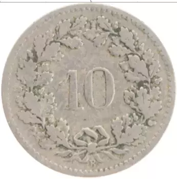 Монета 10 рапп Швейцарии 1900 года Медно-никель