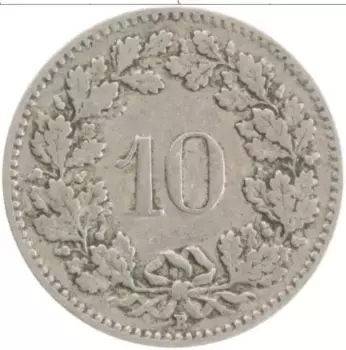 Монета 10 рапп Швейцарии 1908 года Медно-никель