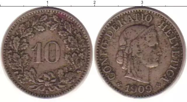 Монета 10 рапп Швейцарии 1909 года Медно-никель