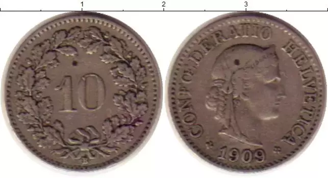 Монета 10 рапп Швейцарии 1909 года Медно-никель