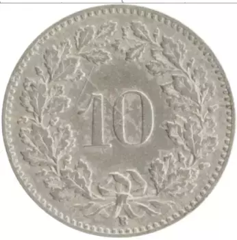Монета 10 рапп Швейцарии 1919 года Медно-никель