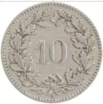 Монета 10 рапп Швейцарии 1920 года Медно-никель