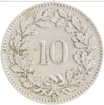 Монета 10 рапп Швейцарии 1921 года Медно-никель