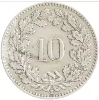 Монета 10 рапп Швейцарии 1921 года Медно-никель
