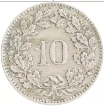 Монета 10 рапп Швейцарии 1921 года Медно-никель