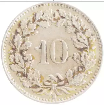 Монета 10 рапп Швейцарии 1924 года Медно-никель