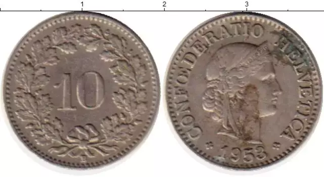 Монета 10 рапп Швейцарии 1953 года Медно-никель В