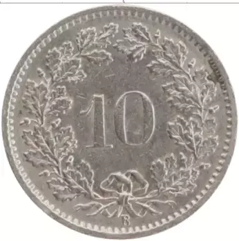 Монета 10 рапп Швейцарии 1969 года Медно-никель