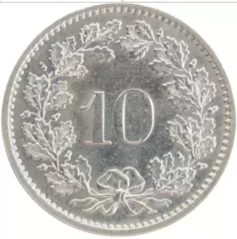 Монета 10 рапп Швейцарии 1970 года Медно-никель