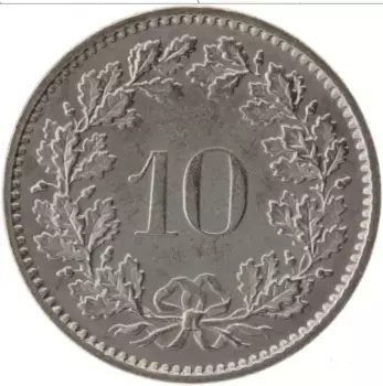 Монета 10 рапп Швейцарии 1973 года Медно-никель