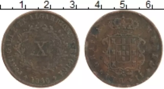 Монета 10 рейс Португалии 1846 года Медь Мария II