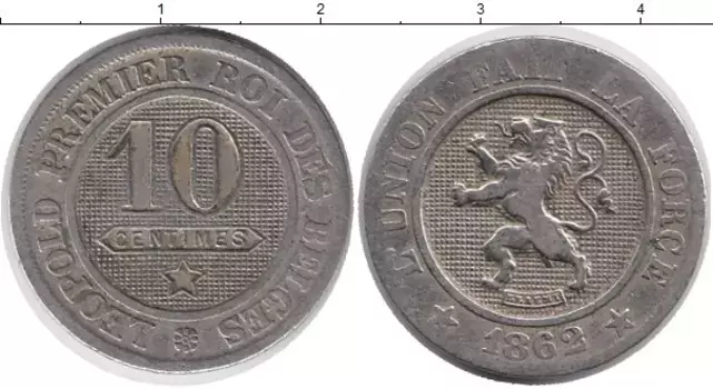 Монета 10 сантим Бельгии 1862 года Медно-никель Леопольд
