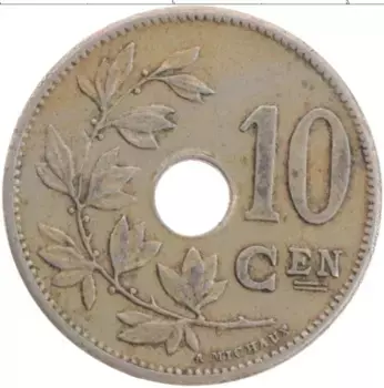 Монета 10 сантим Бельгии 1904 года Медно-никель