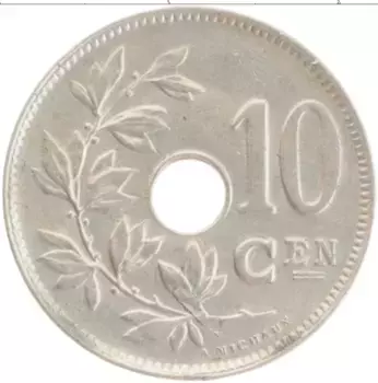 Монета 10 сантим Бельгии 1921 года Медно-никель Альберт I