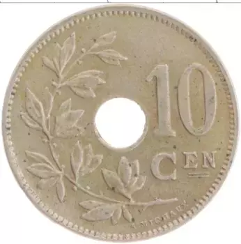 Монета 10 сантим Бельгии 1922 года Медно-никель Альберт I