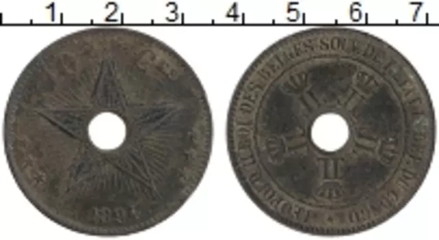 Монета 10 сантим Бельгийского Конго 1894 года Медь Леопольд II