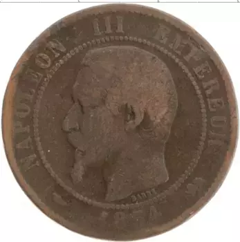 Монета 10 сантим Франции 1854 года Бронза Наполеон III (D)