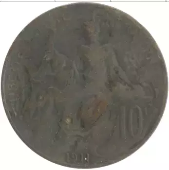 Монета 10 сантим Франции 1911 года Бронза