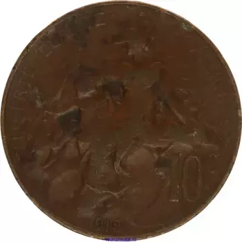 Монета 10 сантим Франции 1912 года Бронза